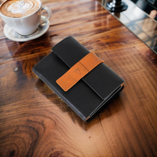 Fem Folio Tri Fold Ladies Wallet - Black & Tan - WILDVIBEZ
