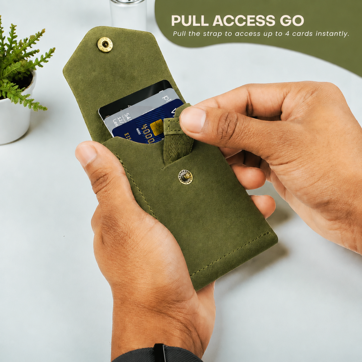 WILDVIBEZ Snap Go Genuine Leather Vertical Slim Wallet for Men | Pull-String Quick Card Access | Compact Front Cash Pocket & Button Lock | Minimalist Travel & Daily Carry Wallet (Green)
