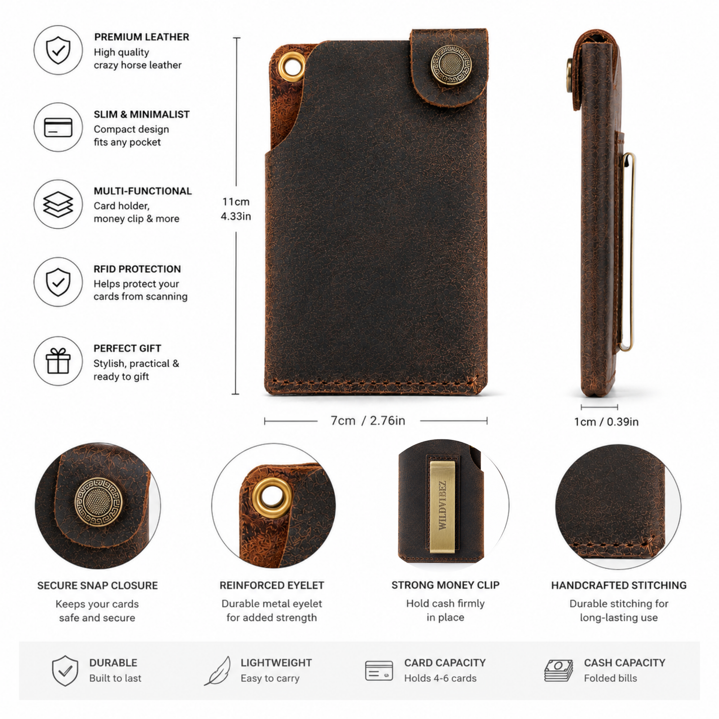 WILDVIBEZ Snap Go Minimalist Vertical Leather Wallet (Brown)