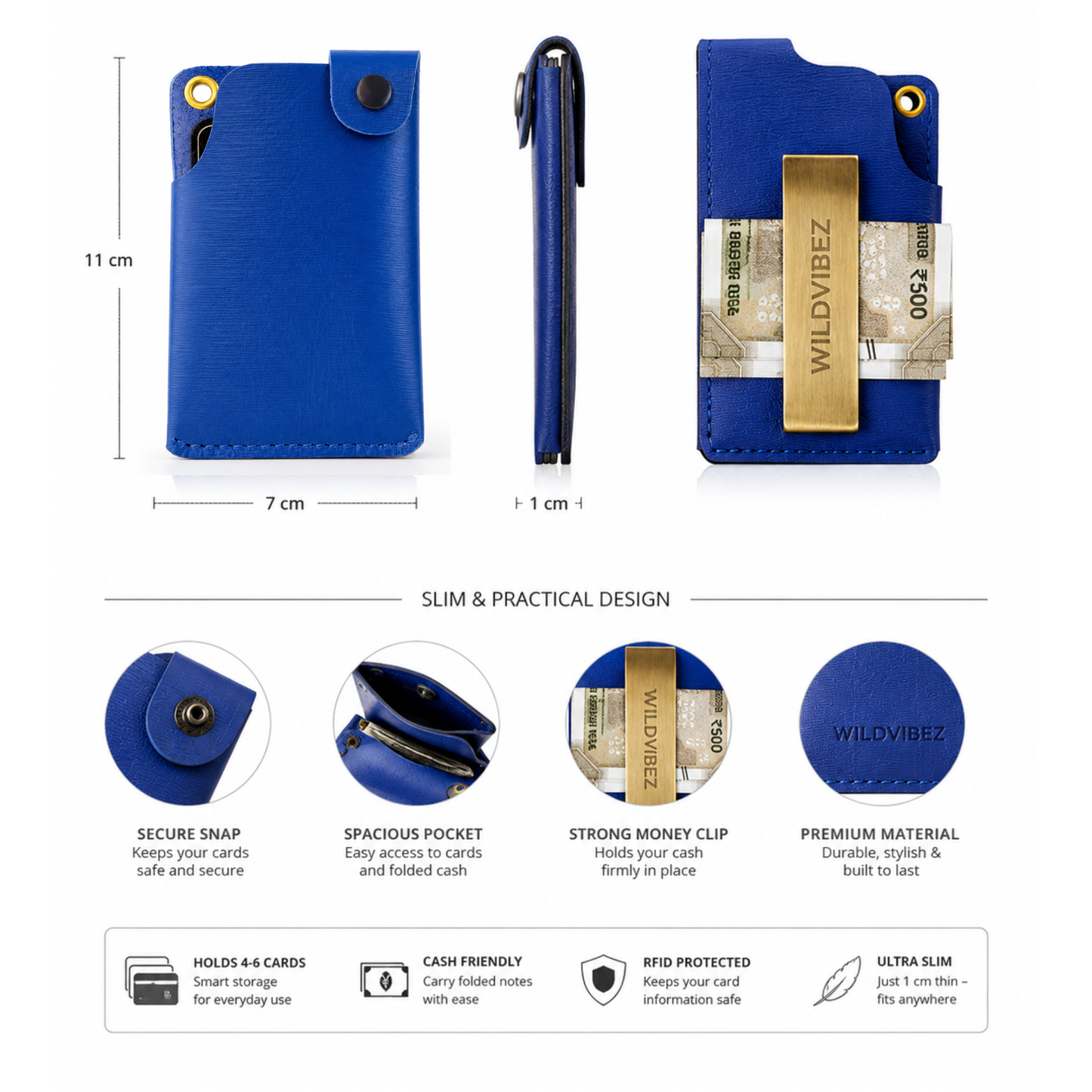 WILDVIBEZ Snap Go Minimalist Vertical Leather Wallet (Blue )