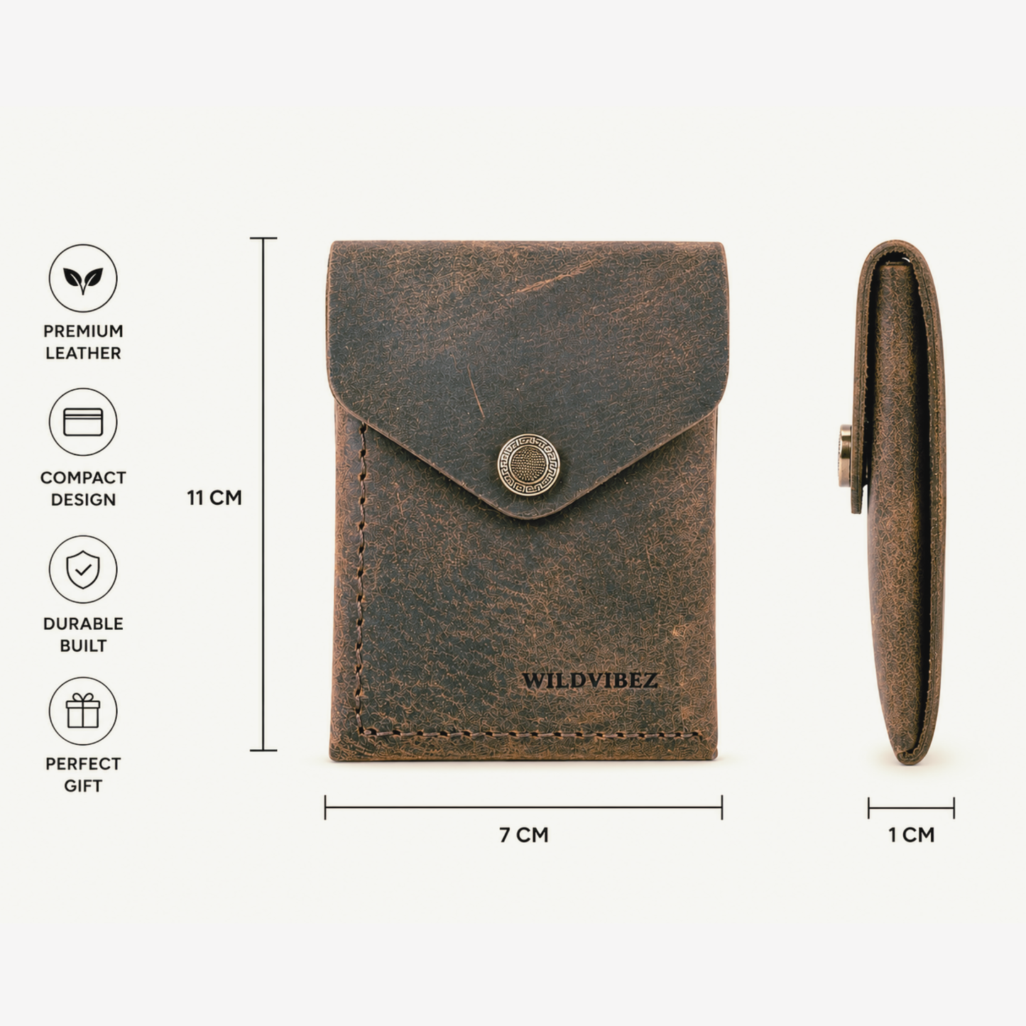 WILDVIBEZ Snap Go Flip Genuine Leather Vertical Slim Wallet for Men and Women | Pull-String Quick Card Access | Compact Front Cash Pocket & Button Lock | Minimalist Travel & Daily Carry Wallet (Brown)