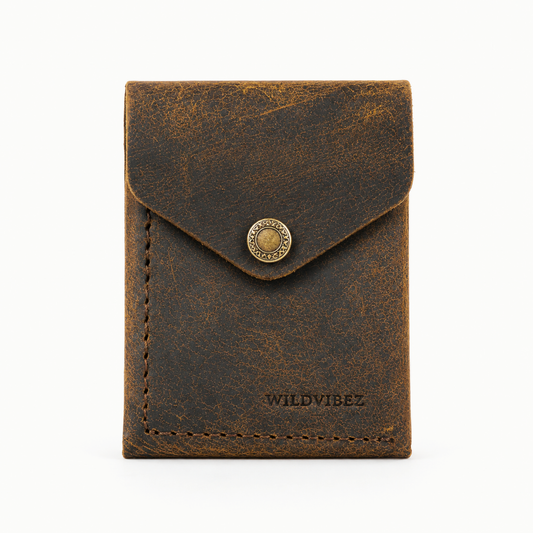 WILDVIBEZ Snap Go Flip Genuine Leather Vertical Slim Wallet for Men and Women | Pull-String Quick Card Access | Compact Front Cash Pocket & Button Lock | Minimalist Travel & Daily Carry Wallet (Brown)