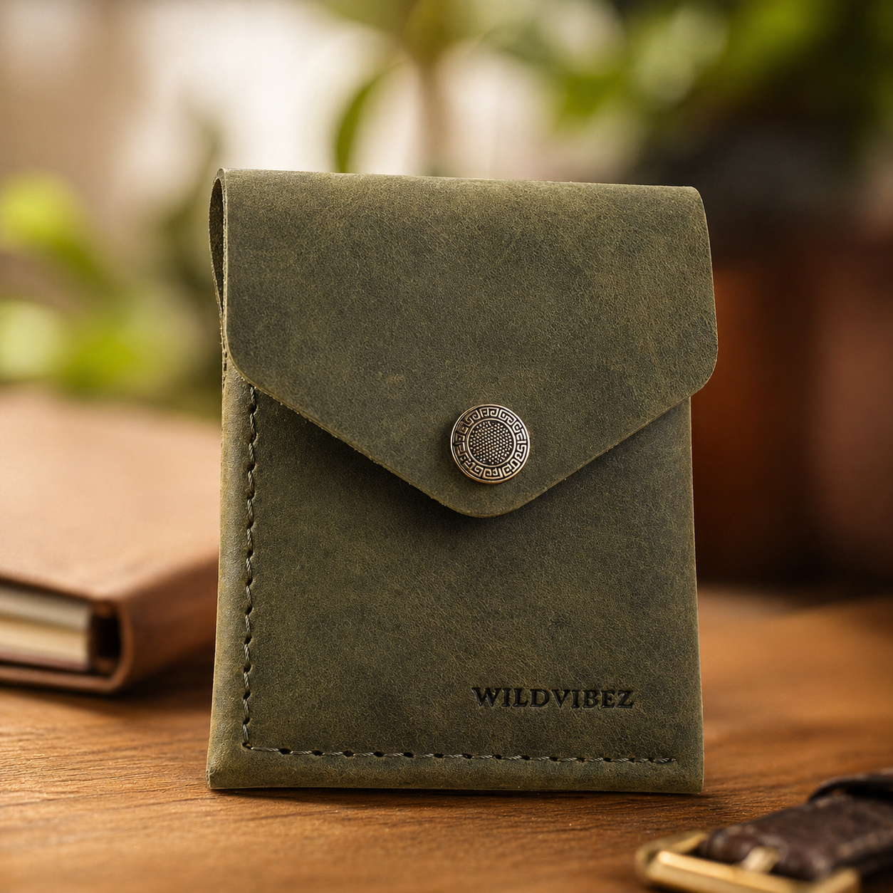 WILDVIBEZ Snap Go Genuine Leather Vertical Slim Wallet for Men | Pull-String Quick Card Access | Compact Front Cash Pocket & Button Lock | Minimalist Travel & Daily Carry Wallet (Green)