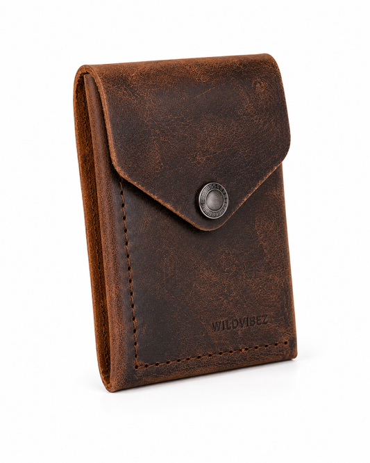 WILDVIBEZ Snap Go Flip Genuine Leather Vertical Slim Wallet for Men and Women | Pull-String Quick Card Access | Compact Front Cash Pocket & Button Lock | Minimalist Travel & Daily Carry Wallet (Brown)