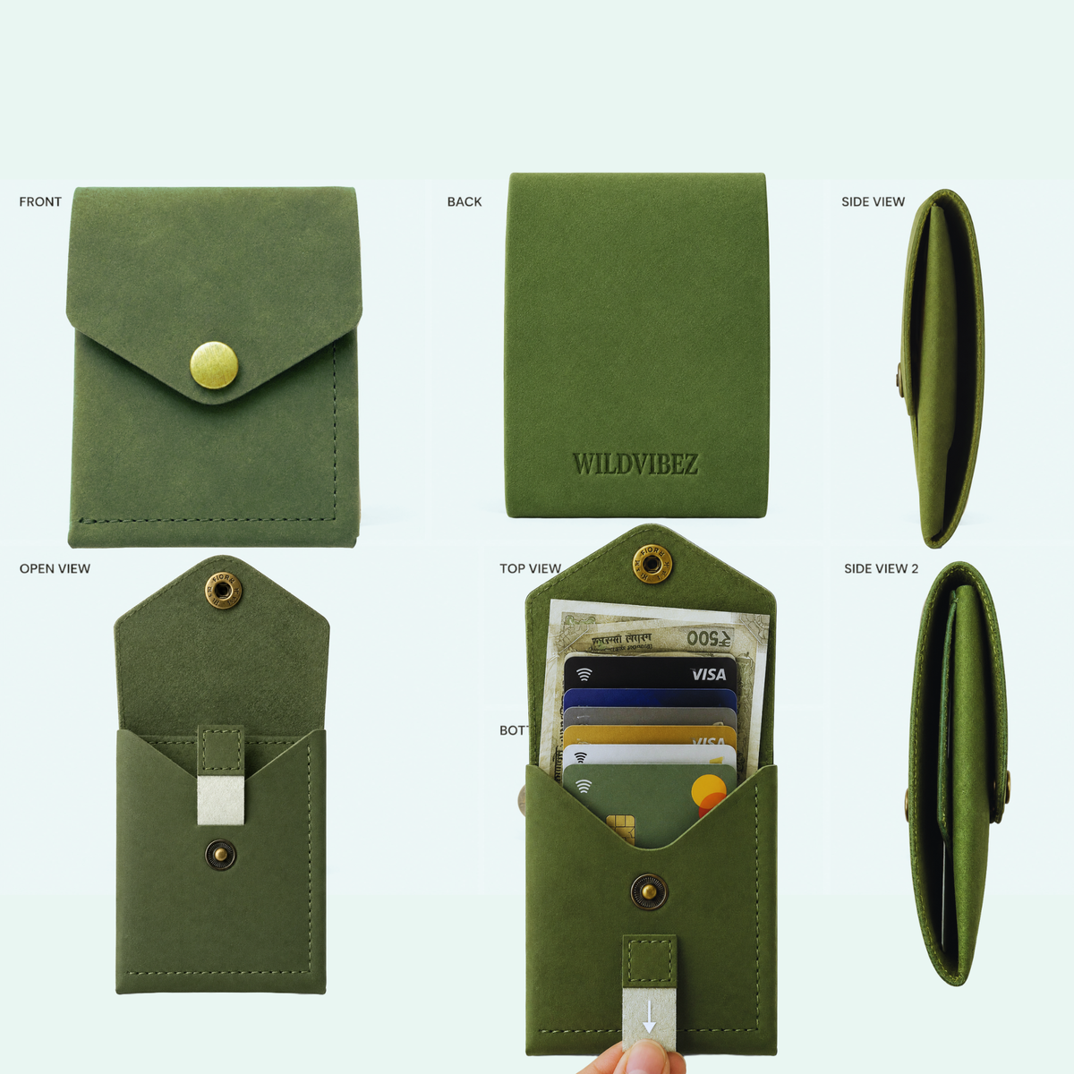 WILDVIBEZ Snap Go Genuine Leather Vertical Slim Wallet for Men | Pull-String Quick Card Access | Compact Front Cash Pocket & Button Lock | Minimalist Travel & Daily Carry Wallet (Green)