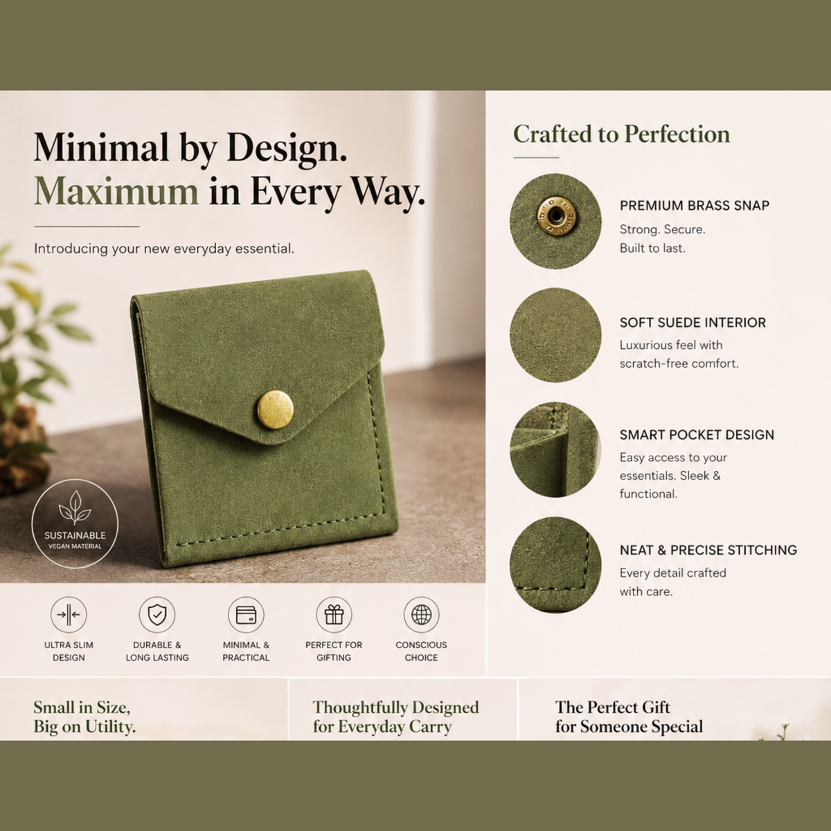 WILDVIBEZ Snap Go Genuine Leather Vertical Slim Wallet for Men | Pull-String Quick Card Access | Compact Front Cash Pocket & Button Lock | Minimalist Travel & Daily Carry Wallet (Green)