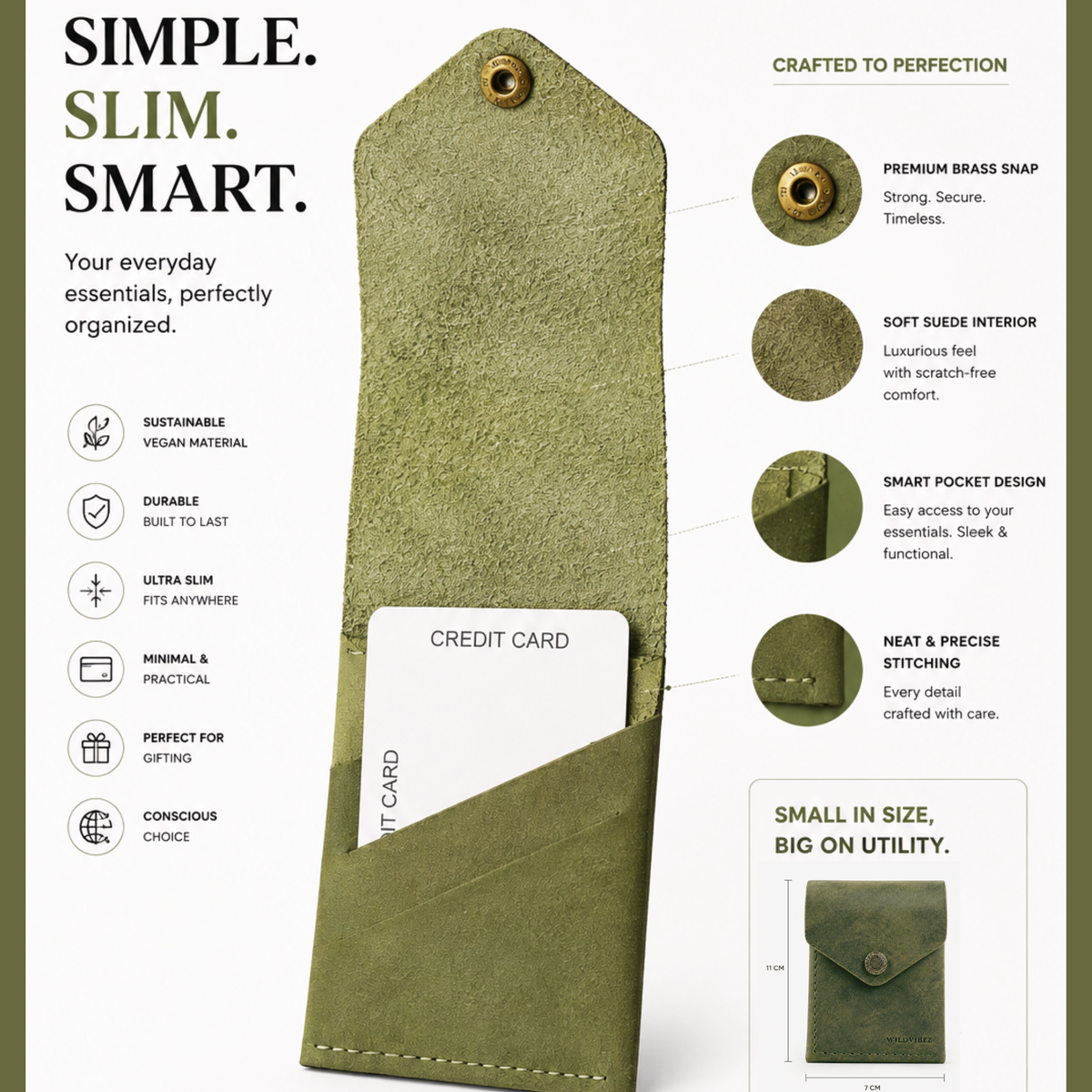 WILDVIBEZ Snap Go Genuine Leather Vertical Slim Wallet for Men | Pull-String Quick Card Access | Compact Front Cash Pocket & Button Lock | Minimalist Travel & Daily Carry Wallet (Green)